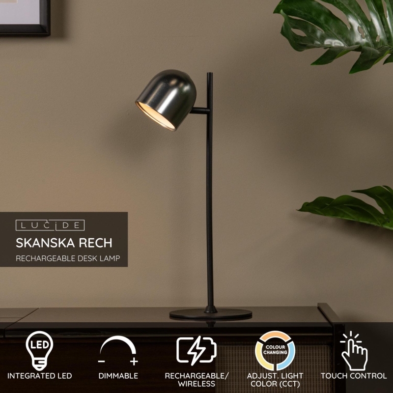 Lucide SKANSKA RECH - Rechargeable Desk lamp Indoor/Outdoor - Battery pack - LED Dim. - CCT - 1x3W 3000K/6000K - IP44 - Grey iron